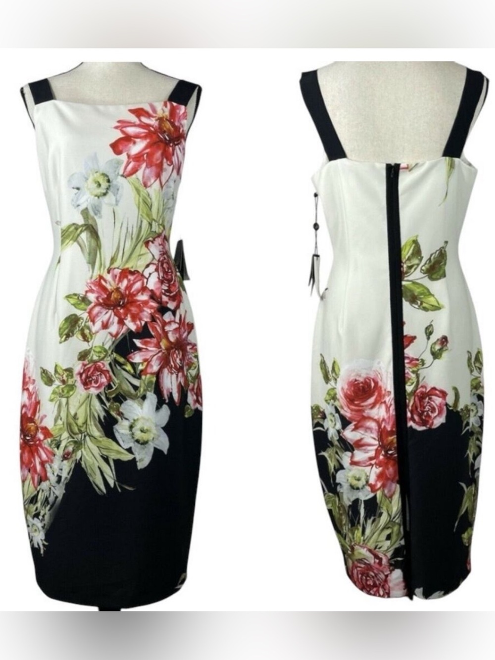Adrianna Papell Floral Midi Dress in White & Black Size 10